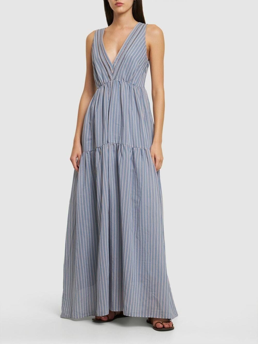 BRUNELLO CUCINELLI Cotton Silk Blue Stripe Sleeveless V-neck Maxi Dress L Monili